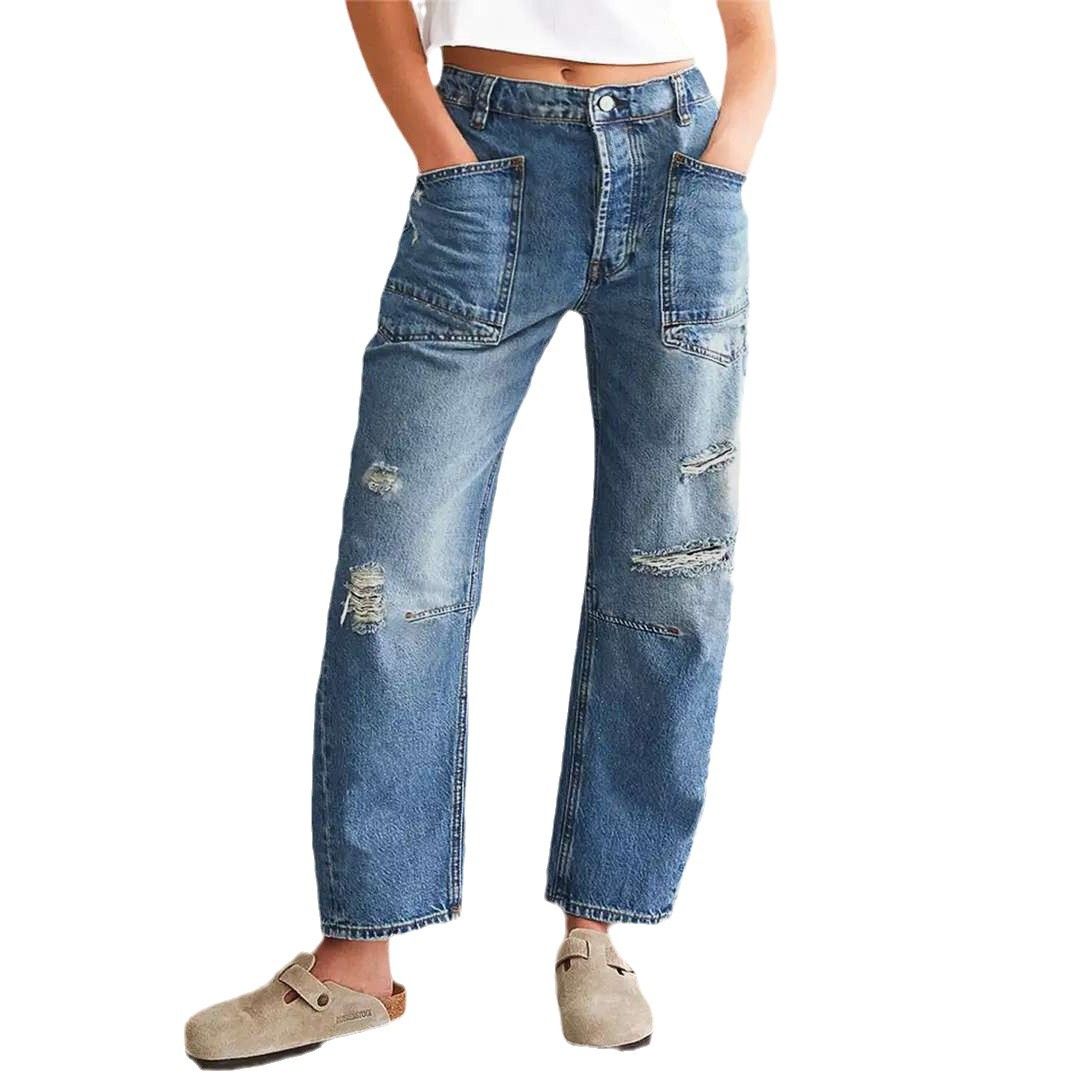 Ripped Barrel Jeans Women's Low Rise Distressed Straight Leg Loose Fit Denim