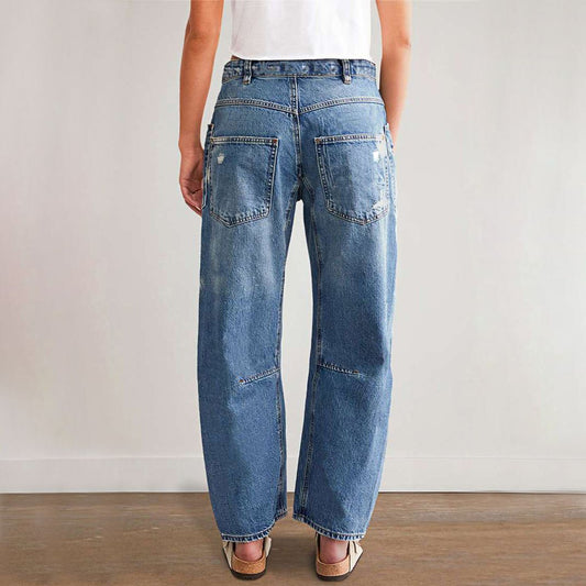 Ripped Barrel Jeans Women's Low Rise Distressed Straight Leg Loose Fit Denim