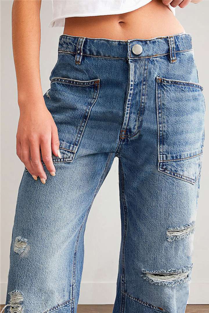 Ripped Barrel Jeans Women's Low Rise Distressed Straight Leg Loose Fit Denim