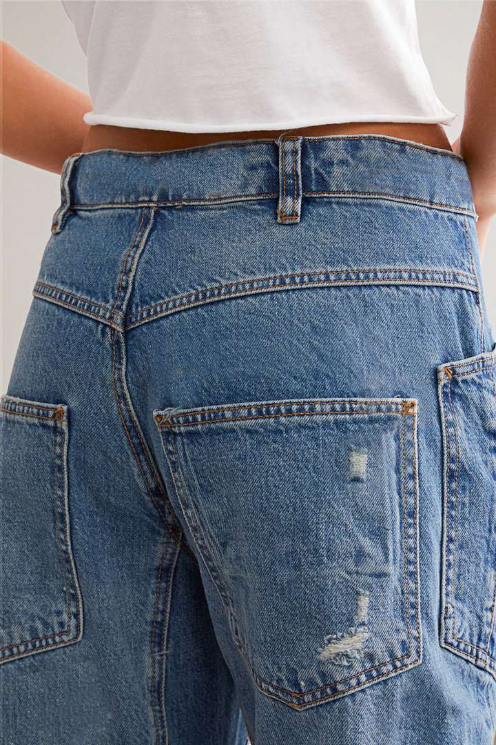 Ripped Barrel Jeans Women's Low Rise Distressed Straight Leg Loose Fit Denim