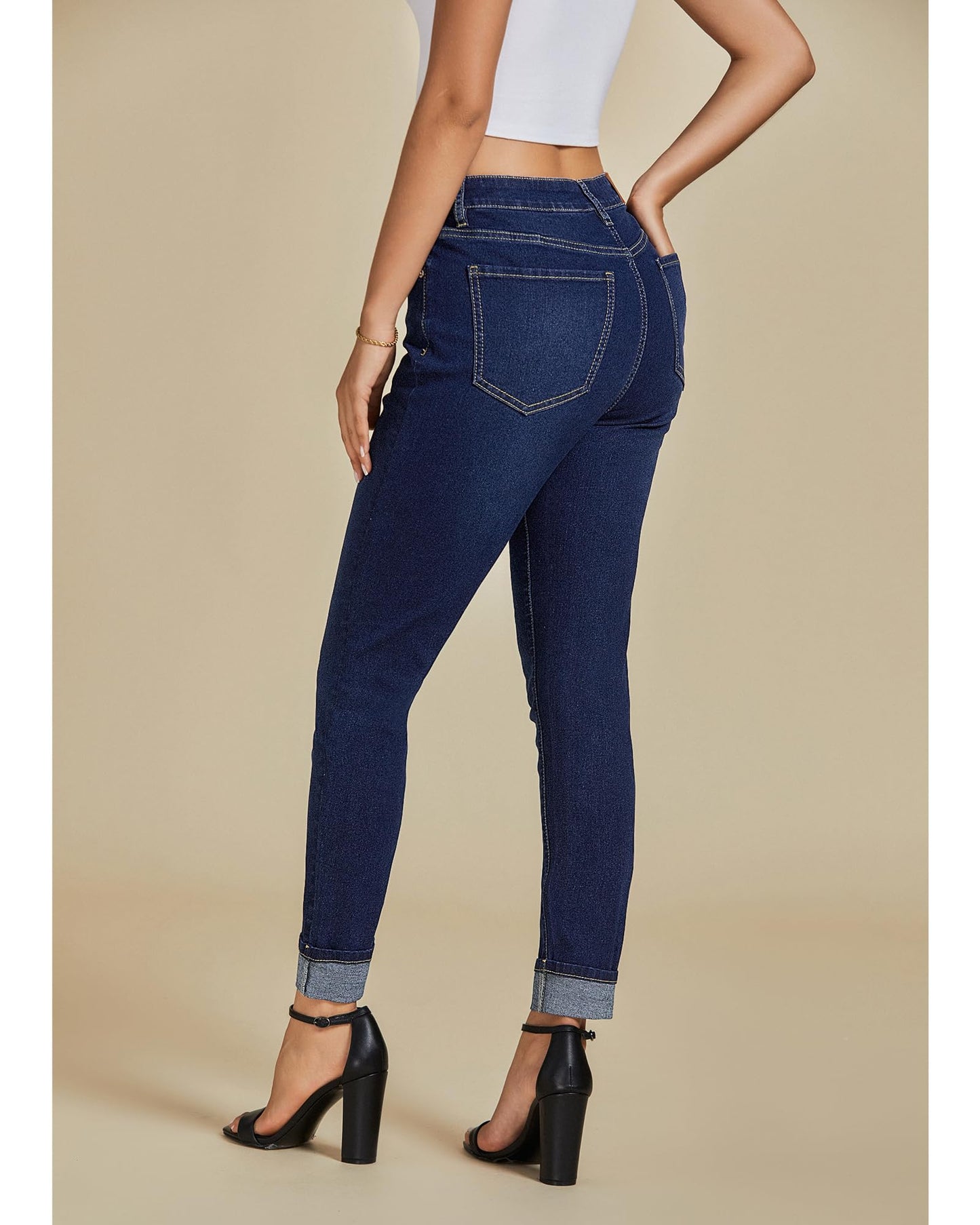 Skinny Jeans for Women High Waisted Fold Hem Stretchy Denim Pants