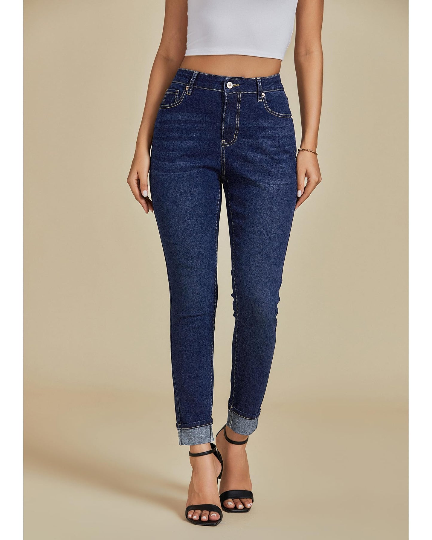 Skinny Jeans for Women High Waisted Fold Hem Stretchy Denim Pants