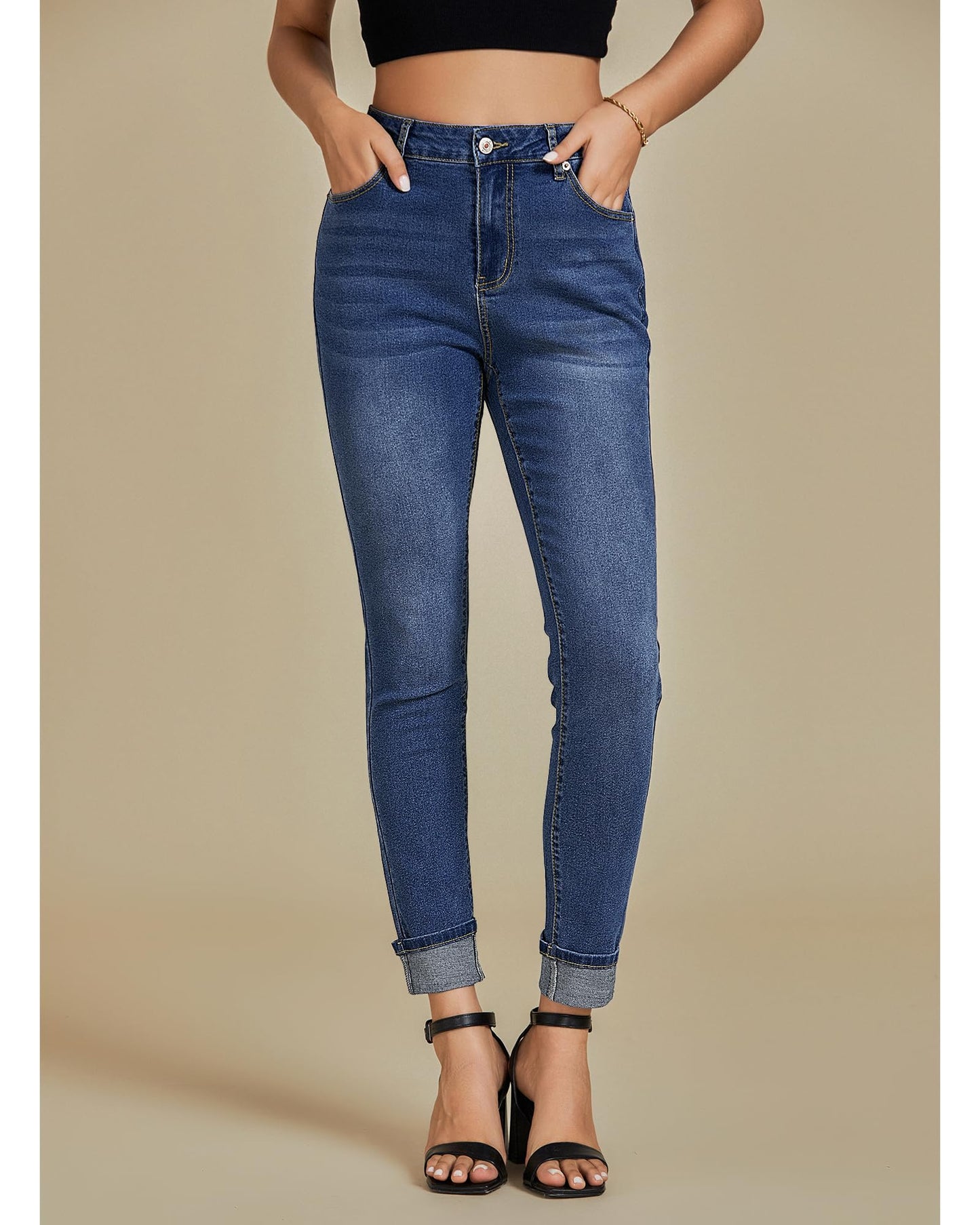 Skinny Jeans for Women High Waisted Fold Hem Stretchy Denim Pants