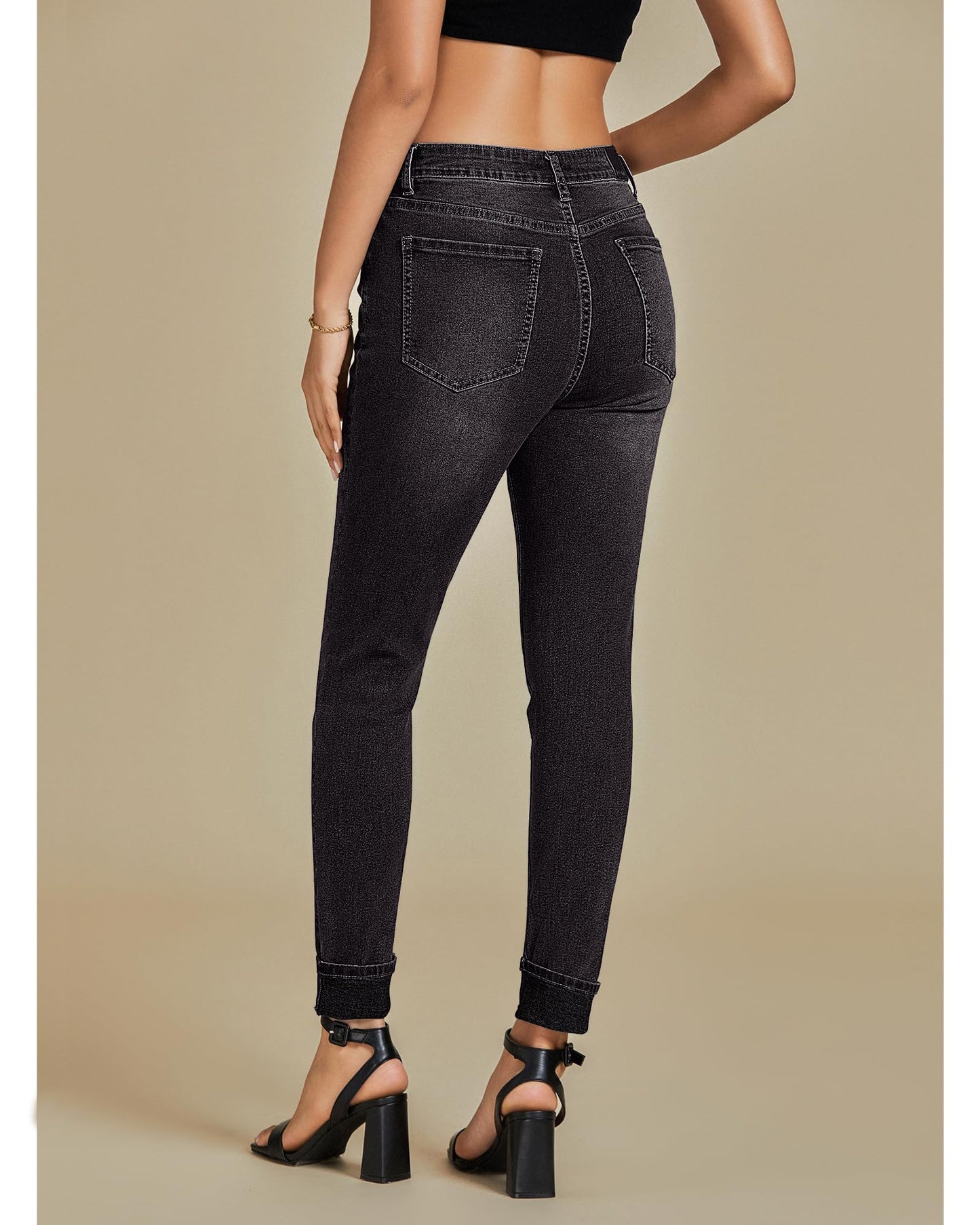 Skinny Jeans for Women High Waisted Fold Hem Stretchy Denim Pants