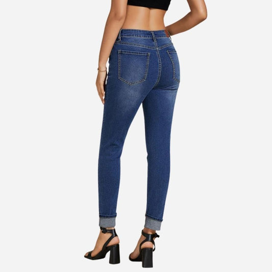 Skinny jeans for women high waisted fold hem stretchy denim pants in blue, back view