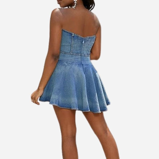 Strapless denim mini dress women off shoulder corset tube jean dress, back view