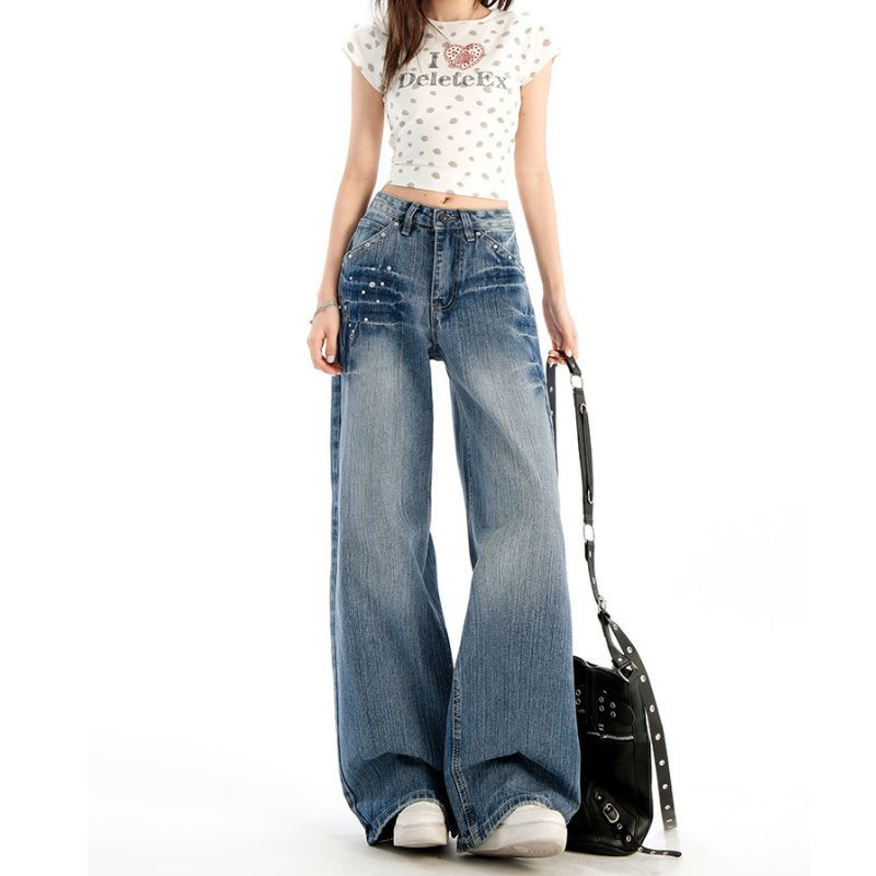 Studded Jeans Women High Waisted Straight Wide Leg Baggy Denim Trousers