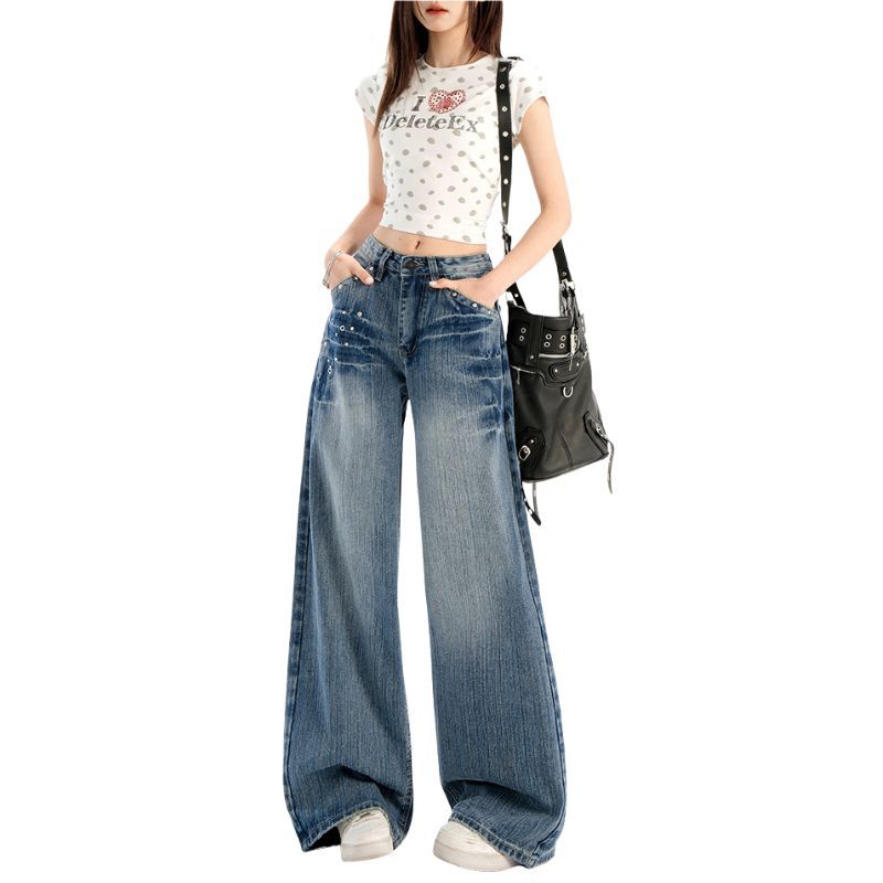 Studded Jeans Women High Waisted Straight Wide Leg Baggy Denim Trousers