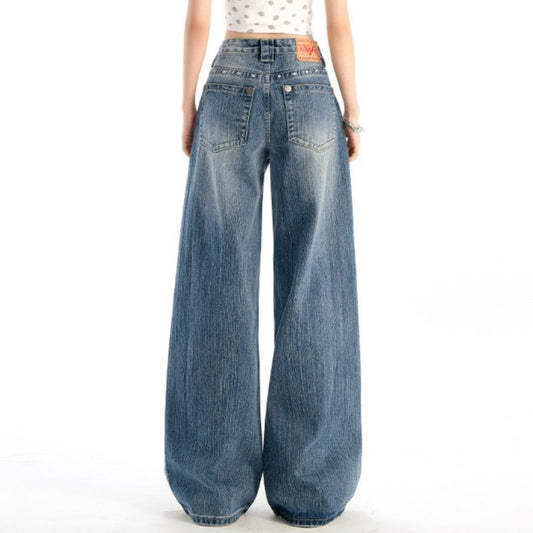 Studded Jeans Women High Waisted Straight Wide Leg Baggy Denim Trousers