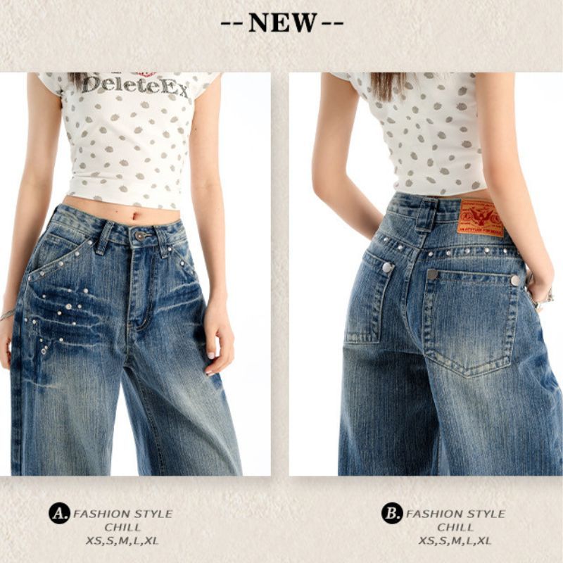 Studded Jeans Women High Waisted Straight Wide Leg Baggy Denim Trousers