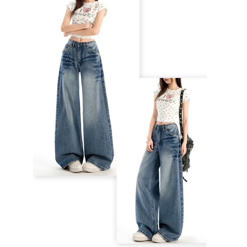 Studded Jeans Women High Waisted Straight Wide Leg Baggy Denim Trousers