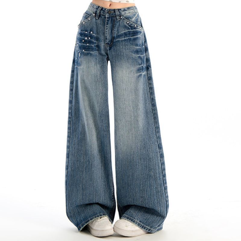 Studded Jeans Women High Waisted Straight Wide Leg Baggy Denim Trousers