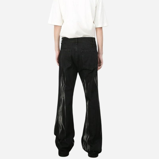 Tie dye hip hop wide leg jeans streetwear y2k men's baggy flared denim pants in black, back view