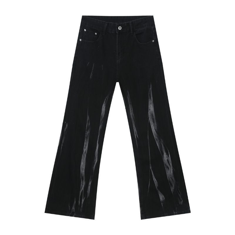 Tie dye hip hop wide leg jeans streetwear y2k men's baggy flared denim pants in black, flat lay front