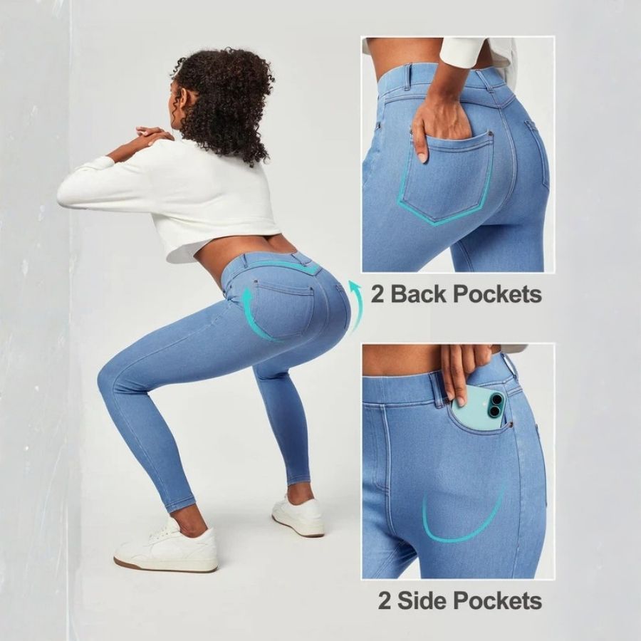 Tummy control stretchy jeans women high waisted pull on denim leggings sweatpants in blue, pocket details view