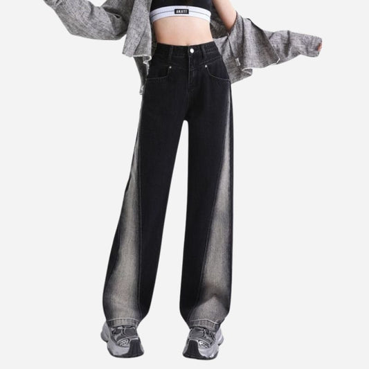 Women’s High Waisted Color Block Jeans Wide Leg Straight Denim Pants