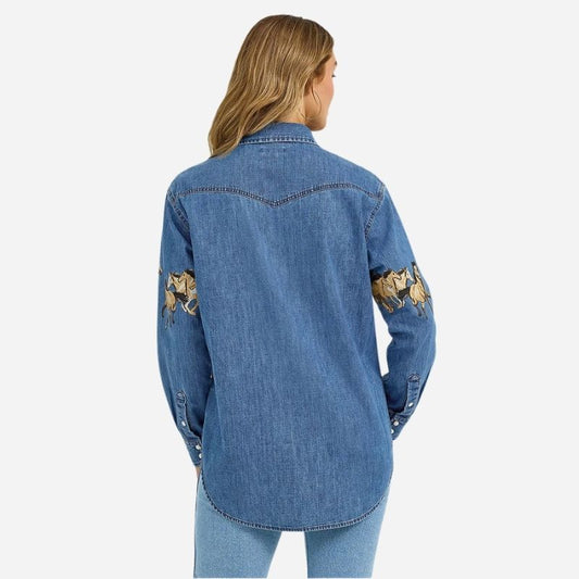 Western horse print denim shirt women long sleeve cowboy top, back view