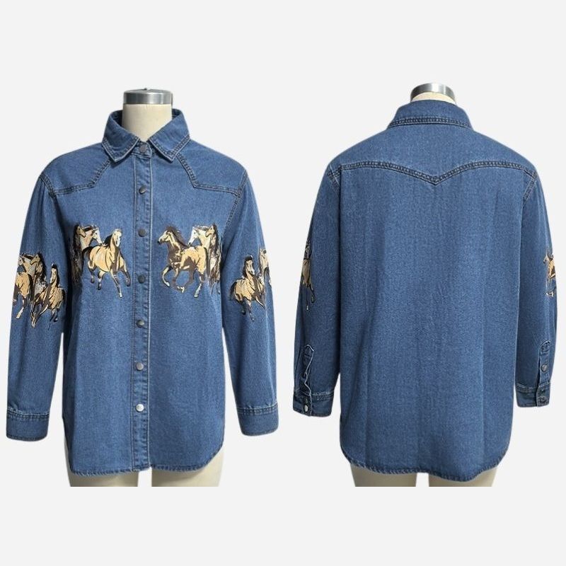 Western horse print denim shirt women long sleeve cowboy top, front and back views