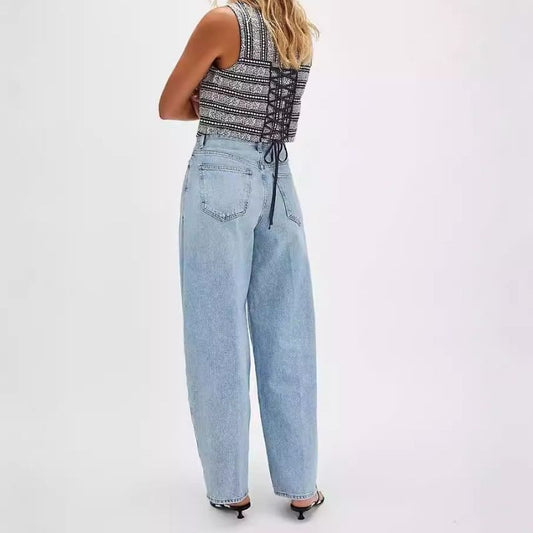 Wide leg baggy jeans for women high waisted front seam loose fit denim in light blue, back view