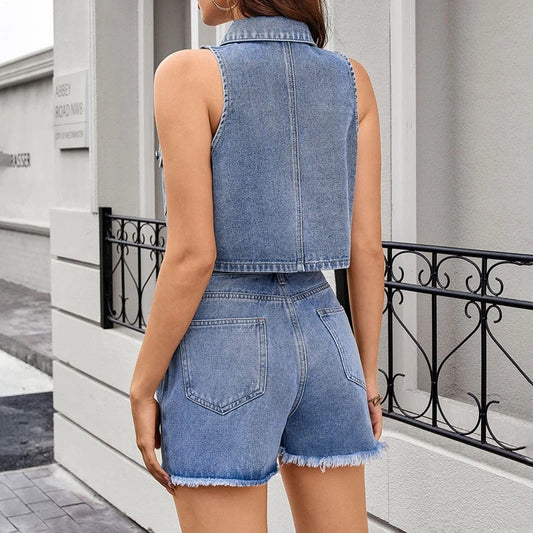 women denim vest and shorts set sleeveless two piece outfit, back view