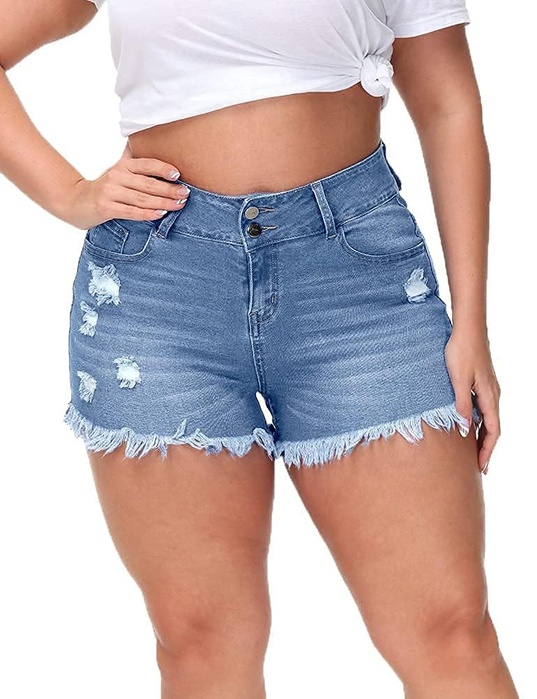 Women Plus Size Jean Shorts High Waisted Frayed Raw Hem Denim Pants