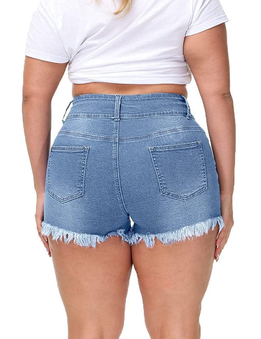 Damen Jeansshorts in Übergröße, hoch tailliert, ausgefranster Saum, Jeanshose