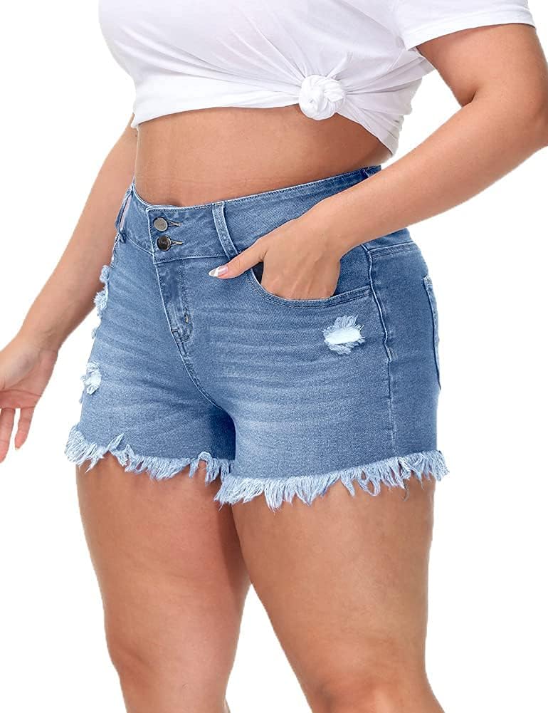 Women Plus Size Jean Shorts High Waisted Frayed Raw Hem Denim Pants