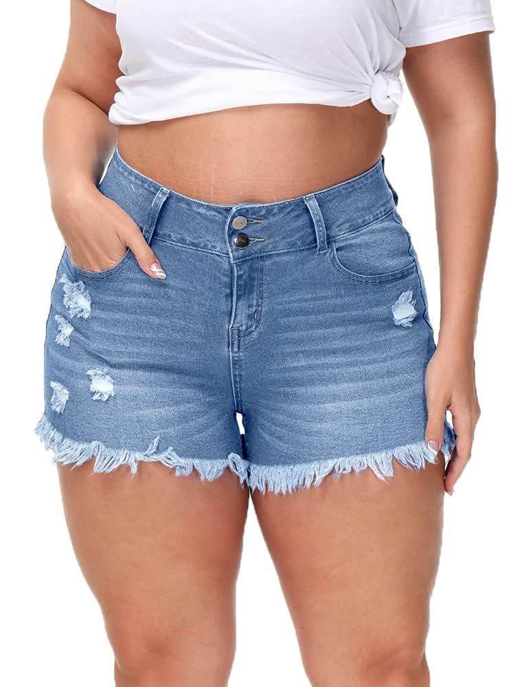 Women Plus Size Jean Shorts High Waisted Frayed Raw Hem Denim Pants