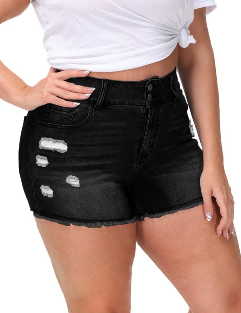 Women Plus Size Jean Shorts High Waisted Frayed Raw Hem Denim Pants