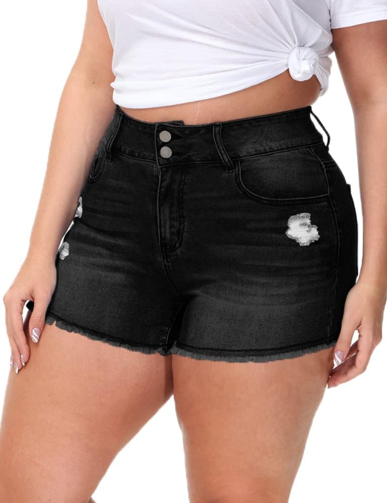 Women Plus Size Jean Shorts High Waisted Frayed Raw Hem Denim Pants