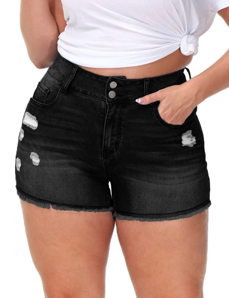 Women Plus Size Jean Shorts High Waisted Frayed Raw Hem Denim Pants