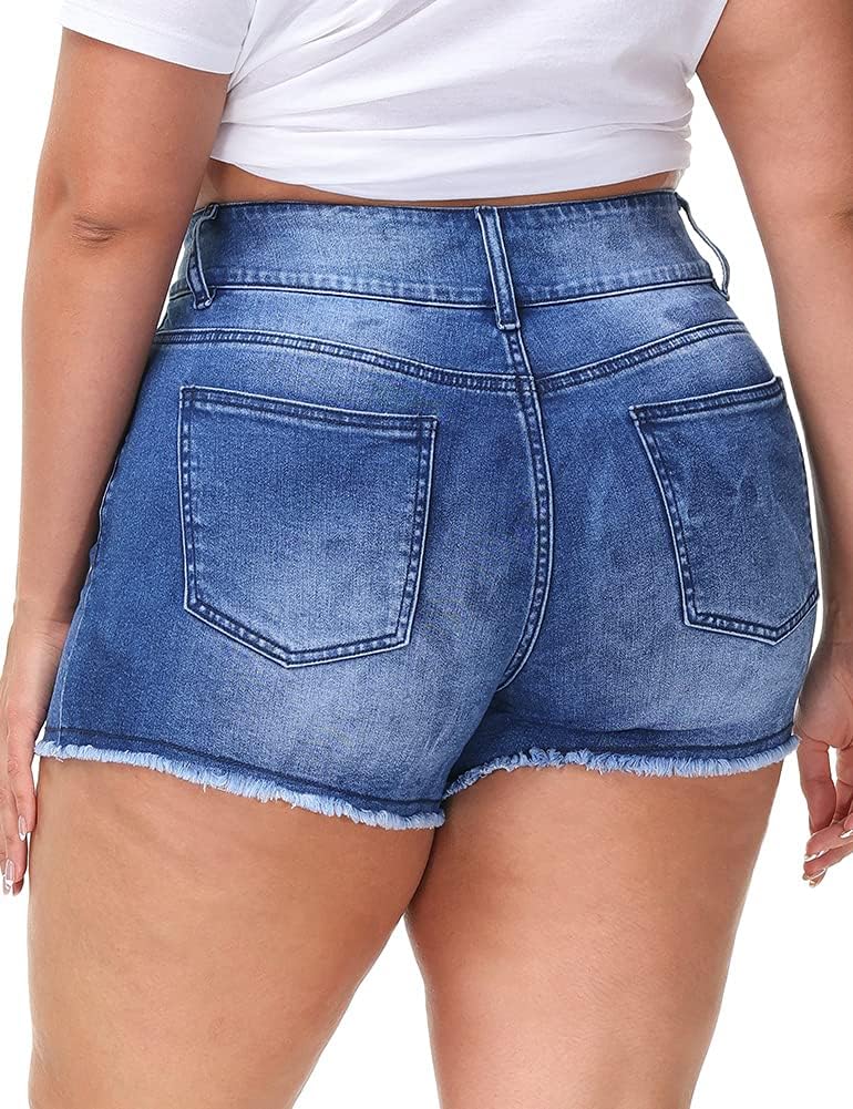 Women Plus Size Jean Shorts High Waisted Frayed Raw Hem Denim Pants