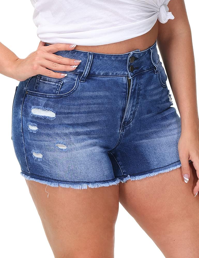 Women Plus Size Jean Shorts High Waisted Frayed Raw Hem Denim Pants