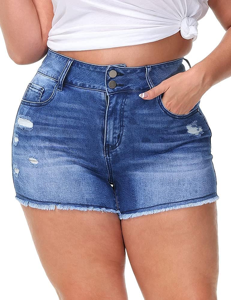 Women Plus Size Jean Shorts High Waisted Frayed Raw Hem Denim Pants