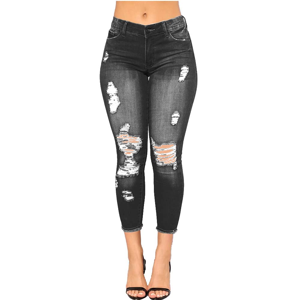 Women Skinny Ripped Jeans Stretch Distressed Destroyed Denim Pants
