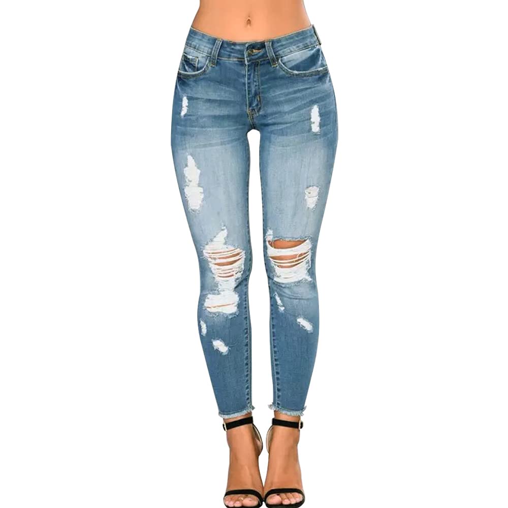 Women Skinny Ripped Jeans Stretch Distressed Destroyed Denim Pants