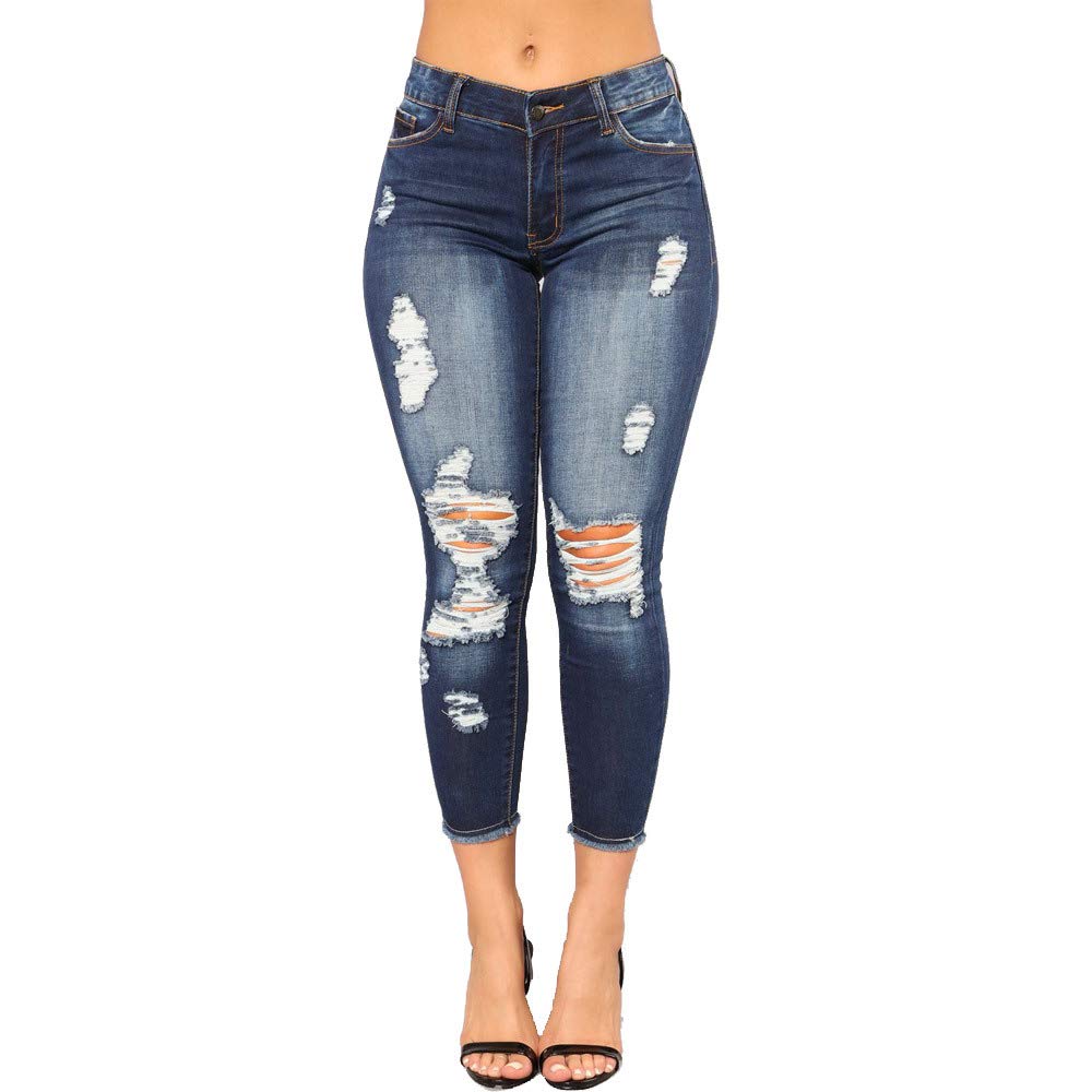 Women Skinny Ripped Jeans Stretch Distressed Destroyed Denim Pants