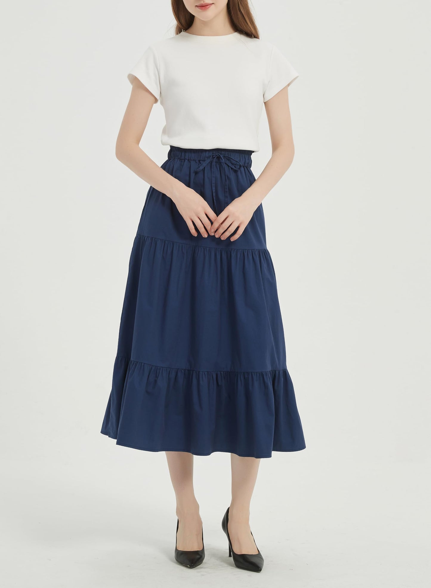 Women's A-line Long Denim Skirt Tired Pleated Layers Jeans Maxi Skirt