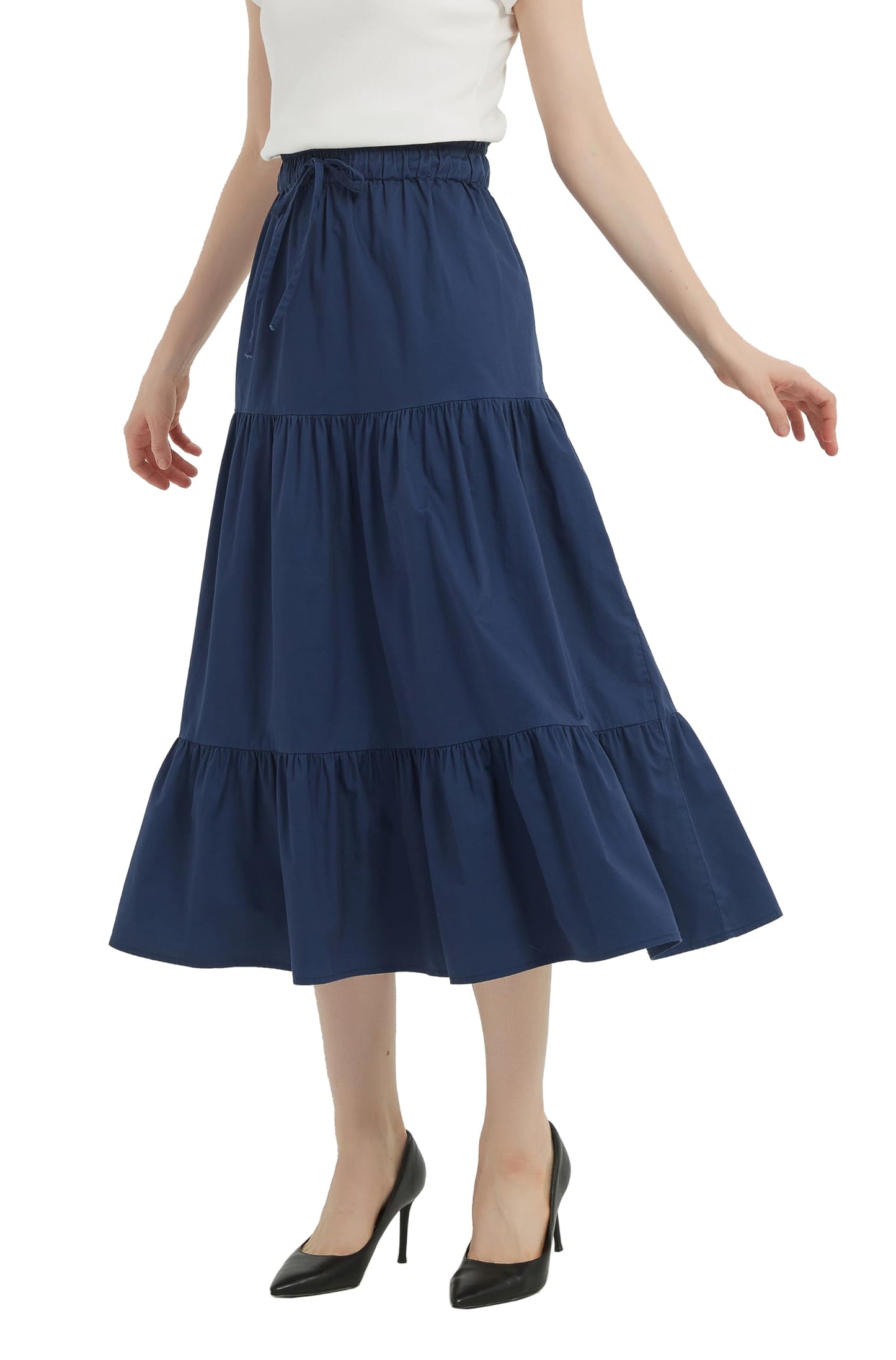 Women's A-line Long Denim Skirt Tired Pleated Layers Jeans Maxi Skirt
