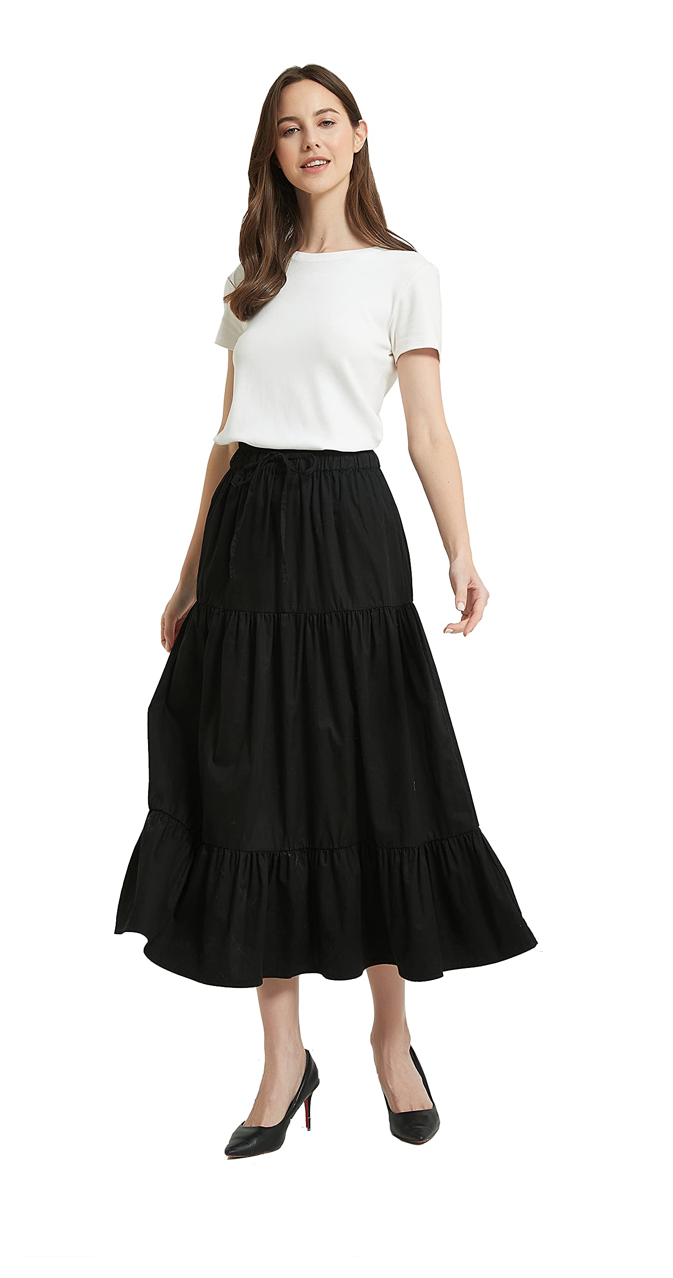 Women's A-line Long Denim Skirt Tired Pleated Layers Jeans Maxi Skirt