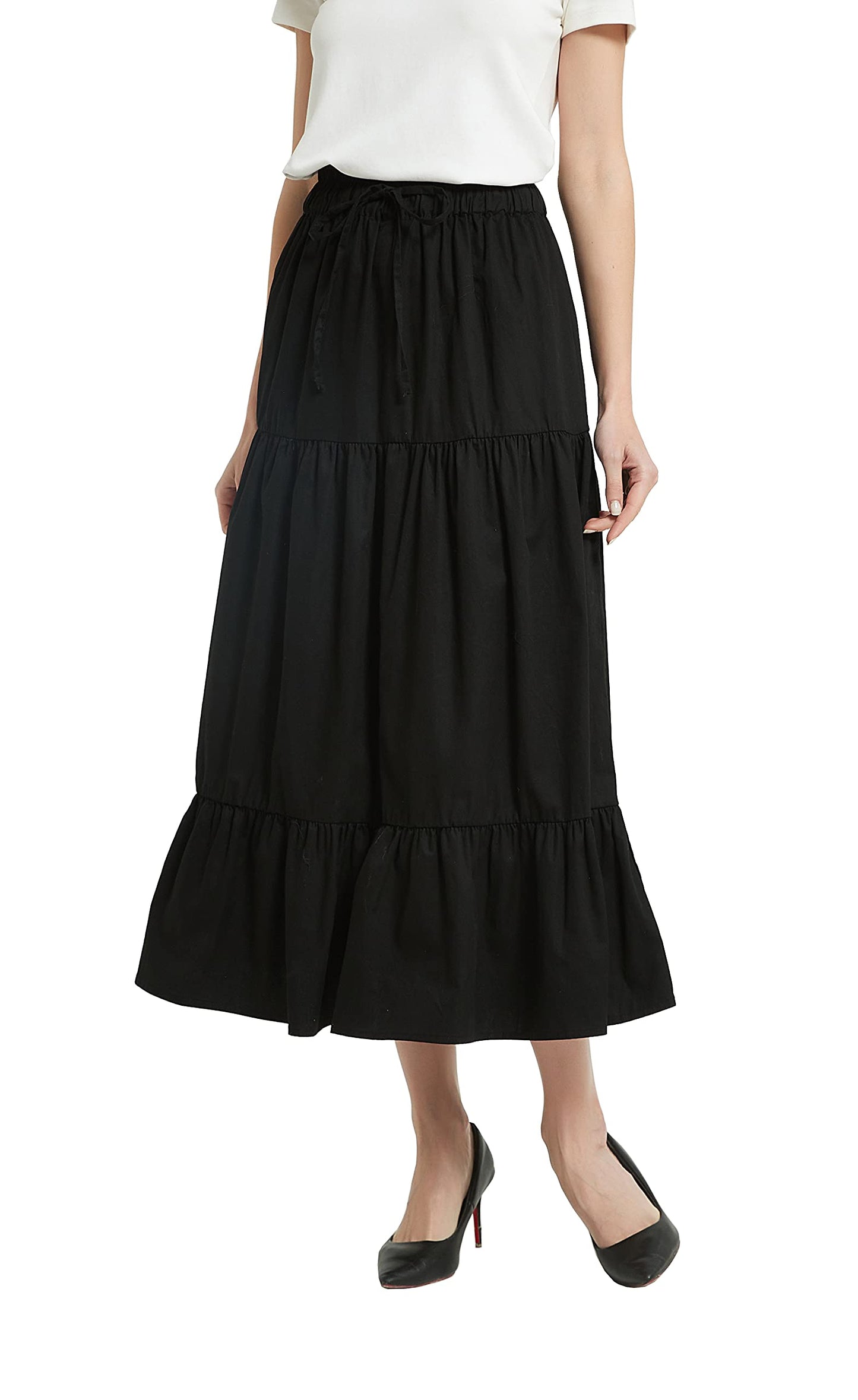 Women's A-line Long Denim Skirt Tired Pleated Layers Jeans Maxi Skirt