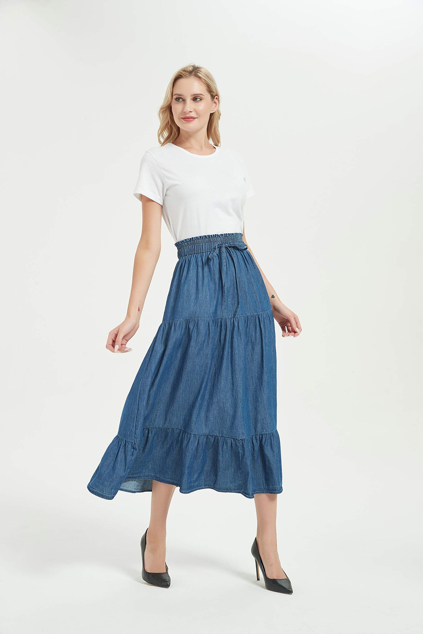 Women's A-line Long Denim Skirt Tired Pleated Layers Jeans Maxi Skirt