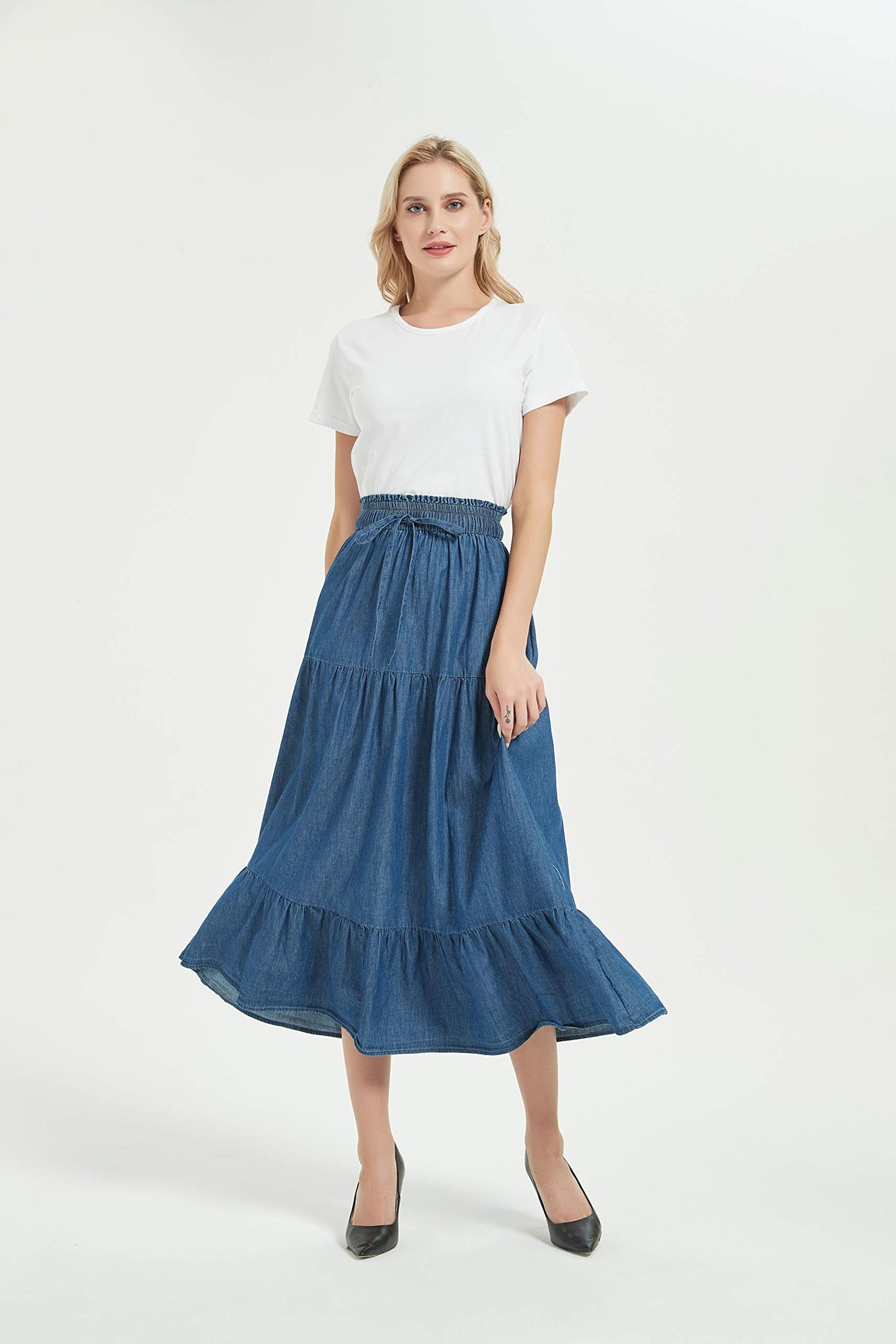 Women's A-line Long Denim Skirt Tired Pleated Layers Jeans Maxi Skirt