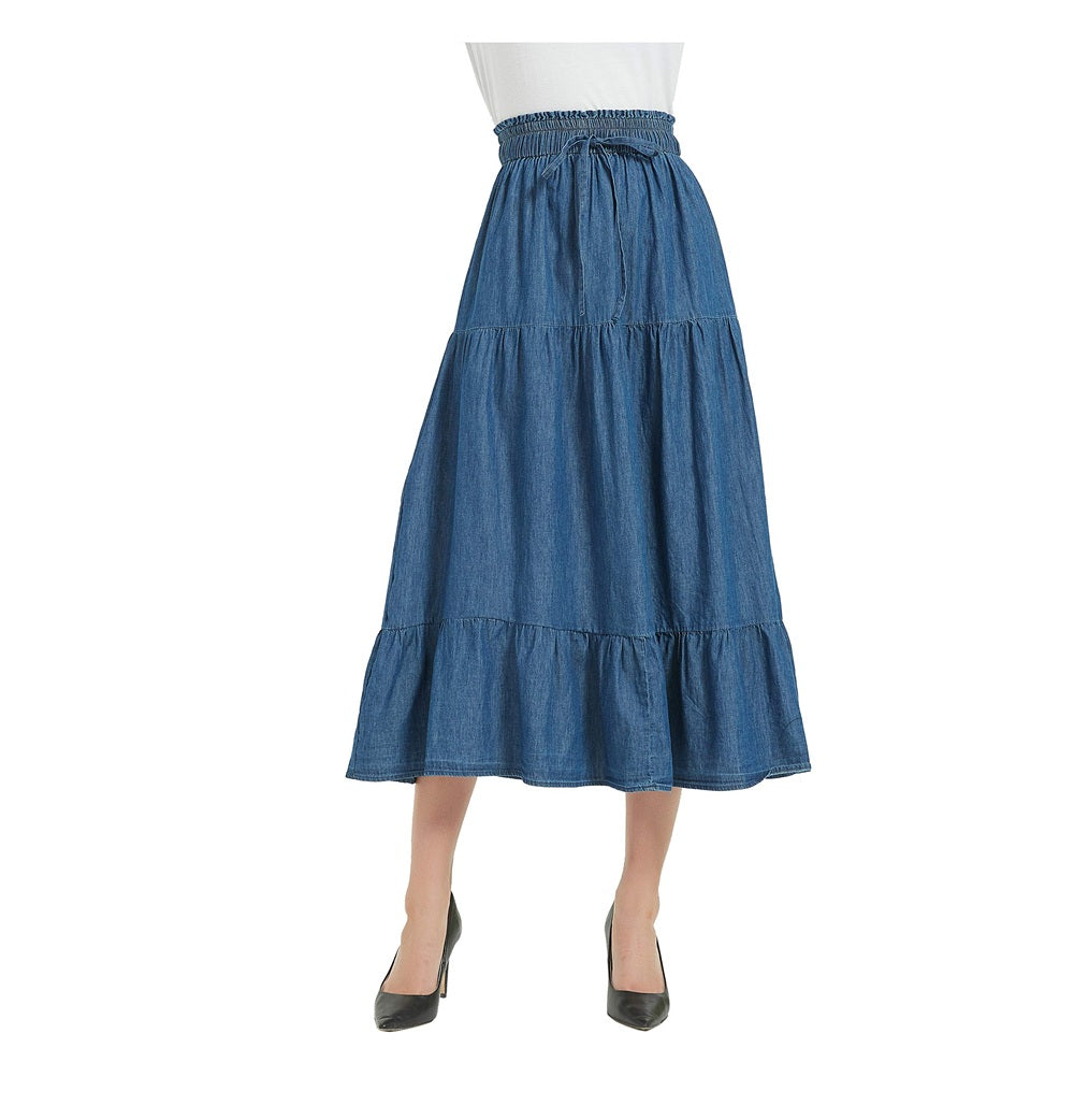 Women's A-line Long Denim Skirt Tired Pleated Layers Jeans Maxi Skirt