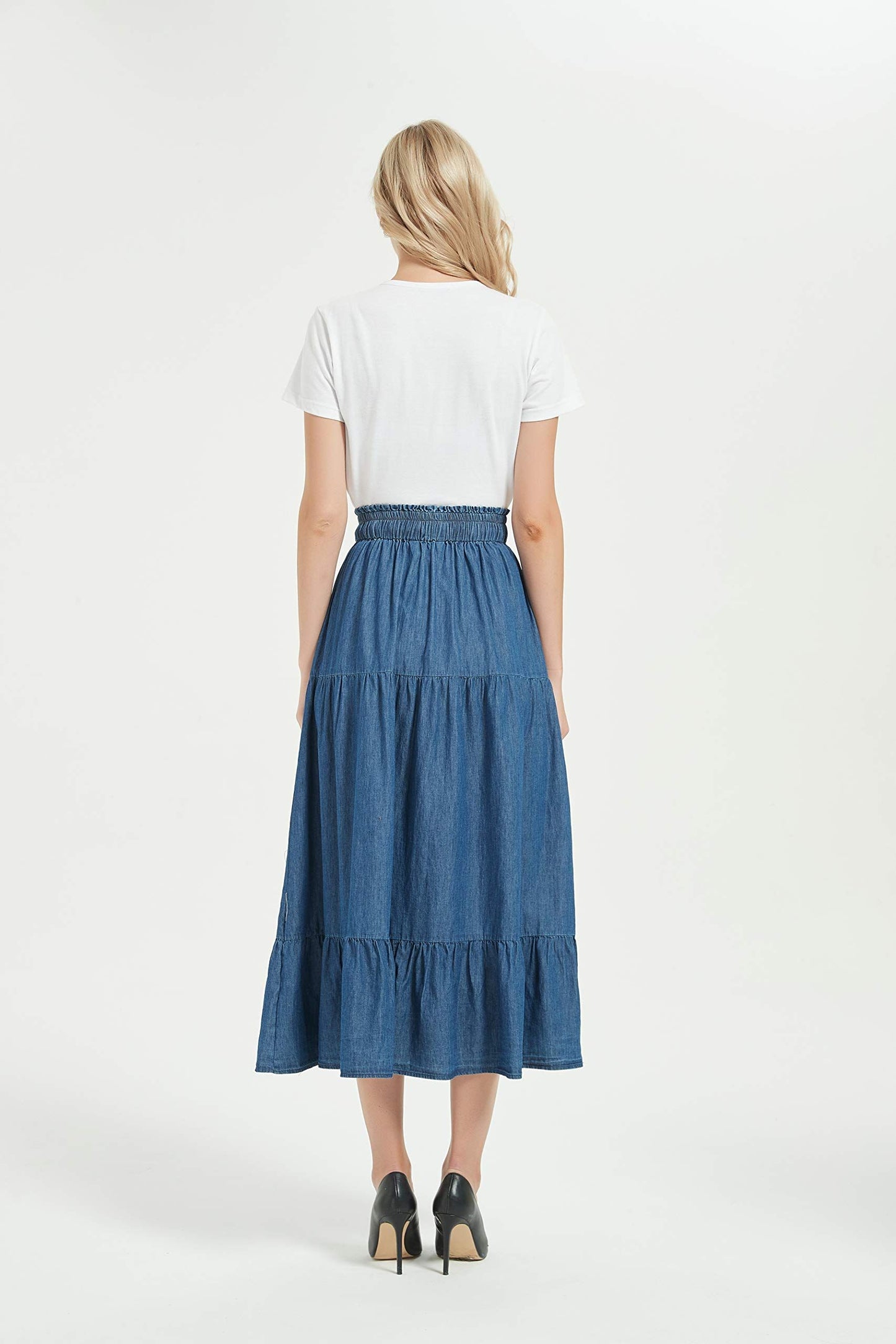 Women's A-line Long Denim Skirt Tired Pleated Layers Jeans Maxi Skirt