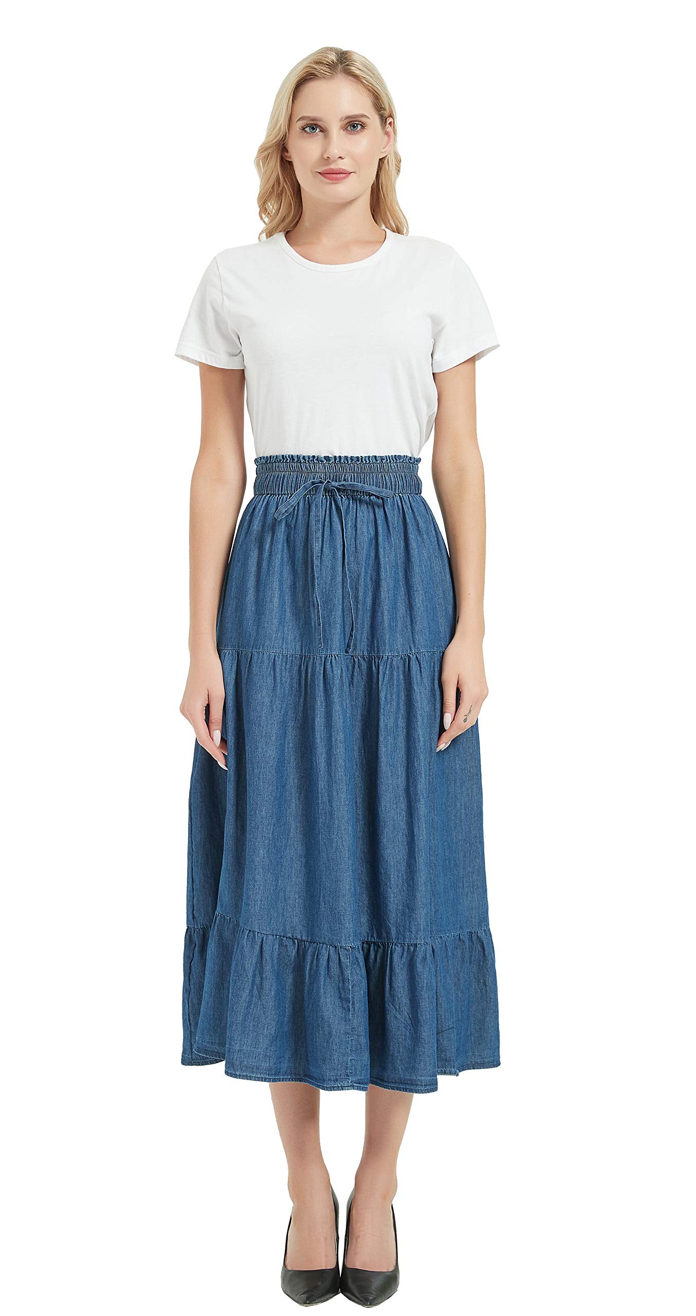 Women's A-line Long Denim Skirt Tired Pleated Layers Jeans Maxi Skirt