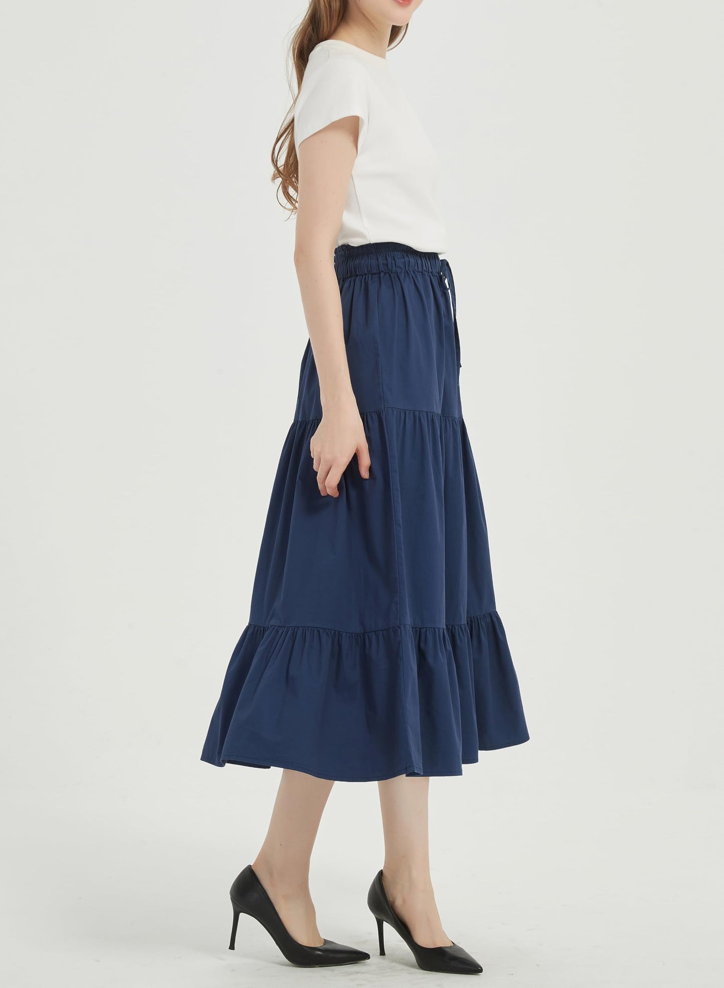 Women's A-line Long Denim Skirt Tired Pleated Layers Jeans Maxi Skirt