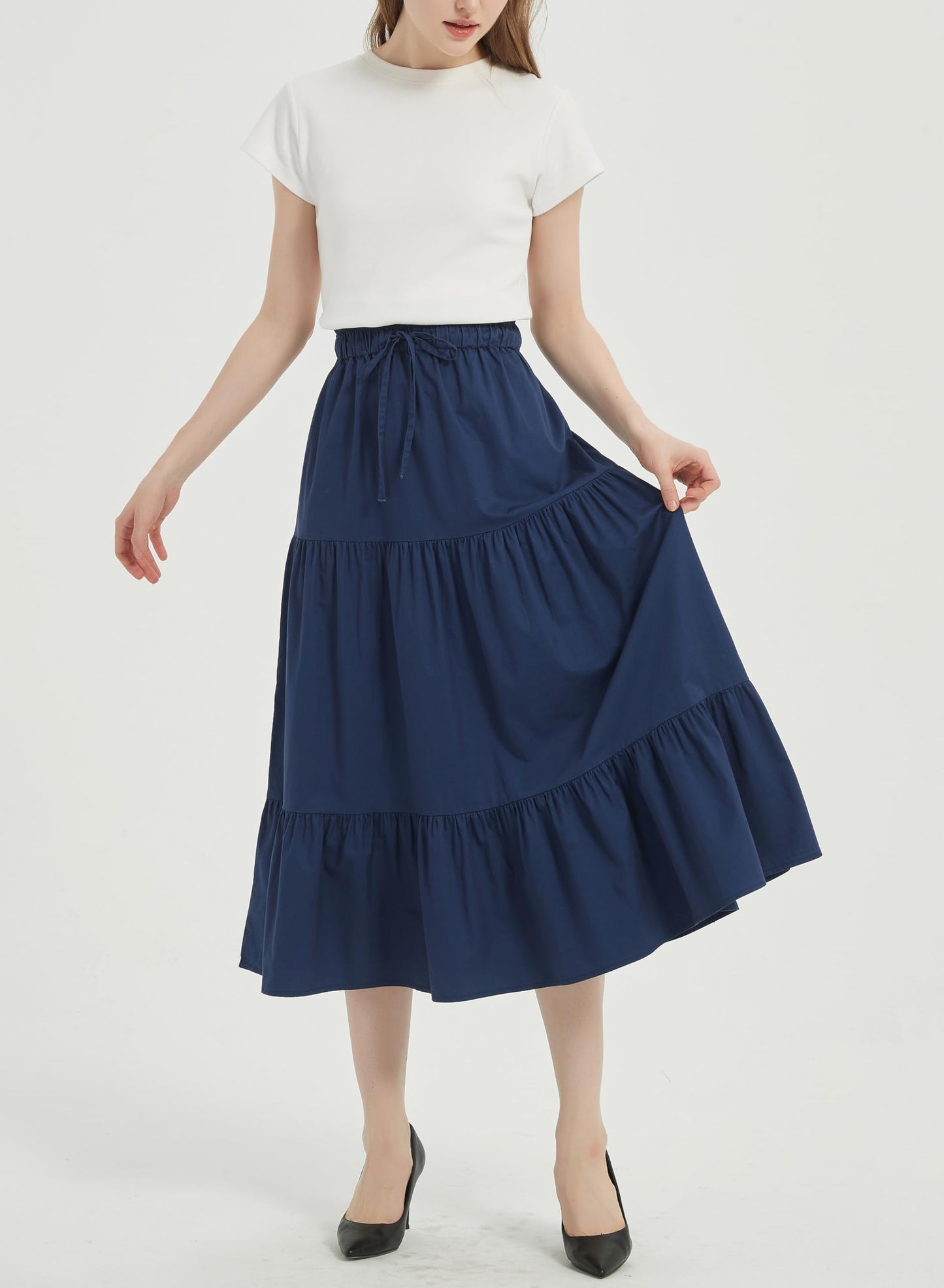 Women's A-line Long Denim Skirt Tired Pleated Layers Jeans Maxi Skirt