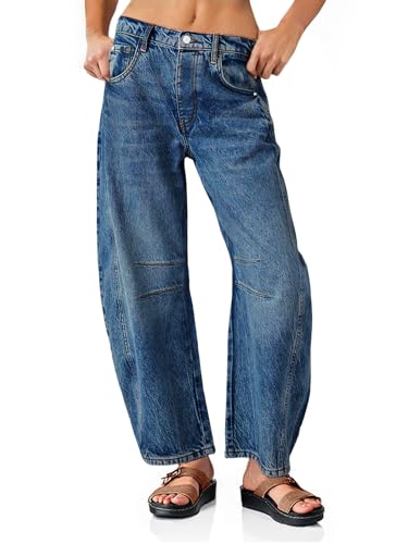 Women's Barrel Baggy Boyfriend Jeans Wide Leg Mid Rise Denim Pants