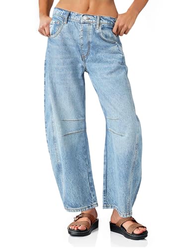 Women's Barrel Baggy Boyfriend Jeans Wide Leg Mid Rise Denim Pants